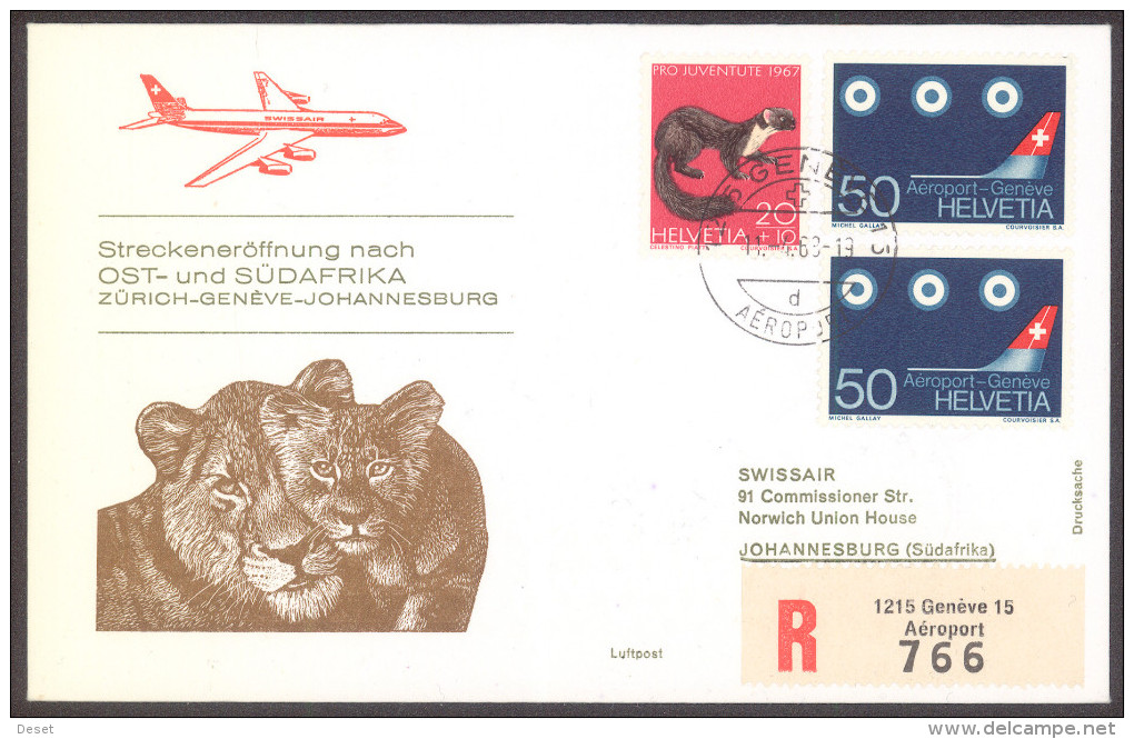 Swissair 1968 Zuerich - Geneve - Johannesburg Registered First Flight Cover - Premiers Vols