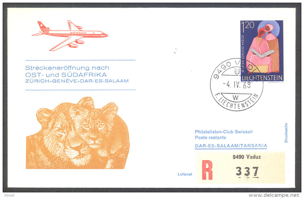 Swissair 1968 Zuerich - Dar-Es-Salaam Registered Vaduz First Flight Cover - Aéreo