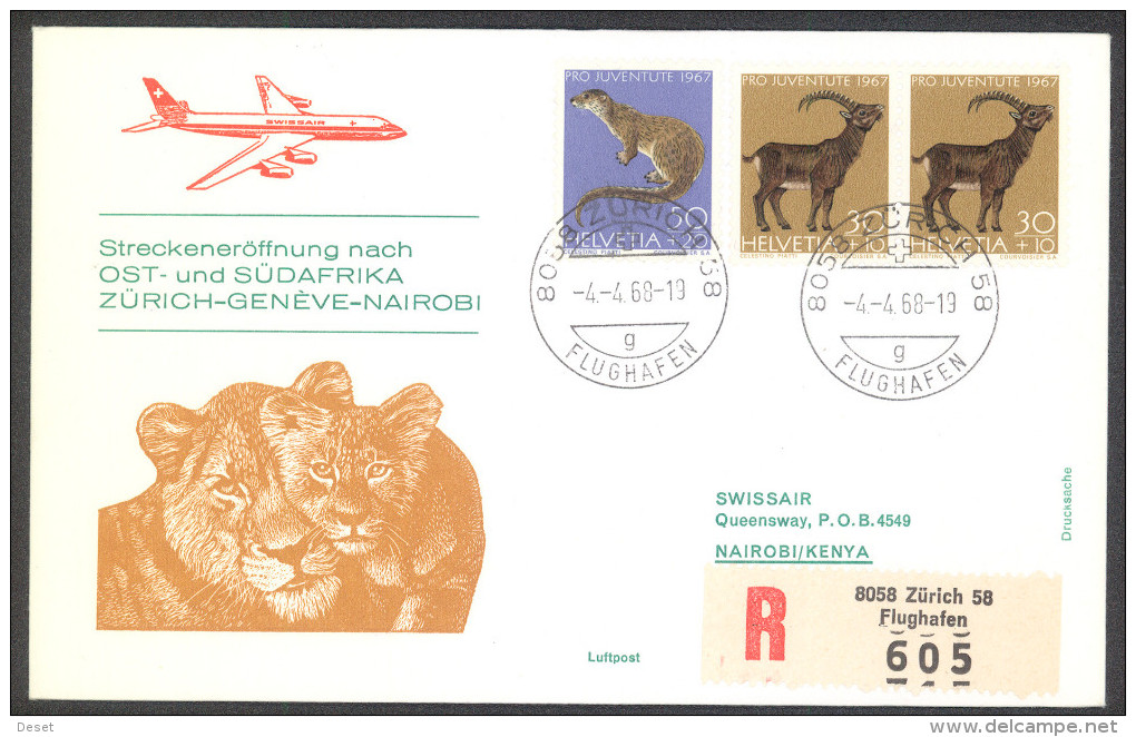 Swissair 1968 Zuerich - Nairobi Registered First Flight Cover - Premiers Vols