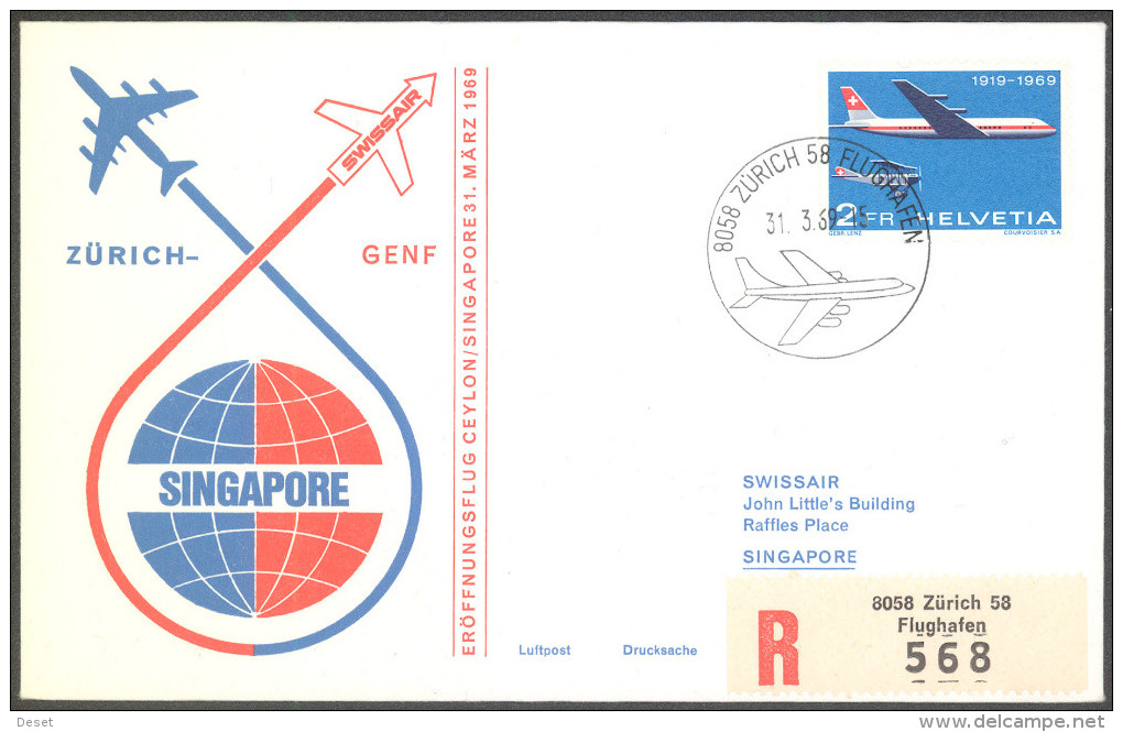 Swissair 1969 Zuerich Singapore Registered Flight Cover - First Flight Covers