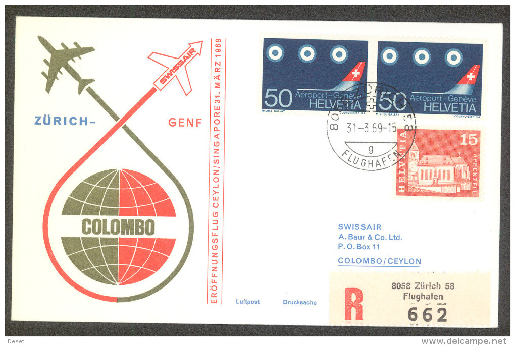 Swissair 1969 Zuerich Colombo Ceylon Registered Flight Cover - Premiers Vols