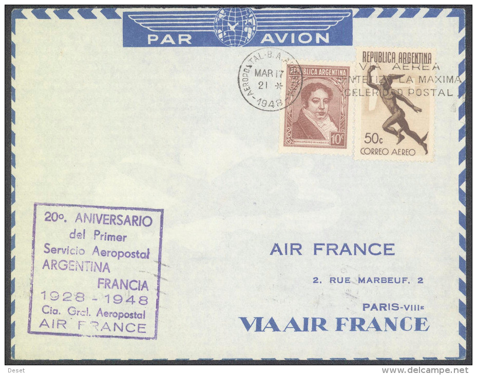 Air France 1948 20th Anniversary Flight Cover Argentina - France - Aéreo