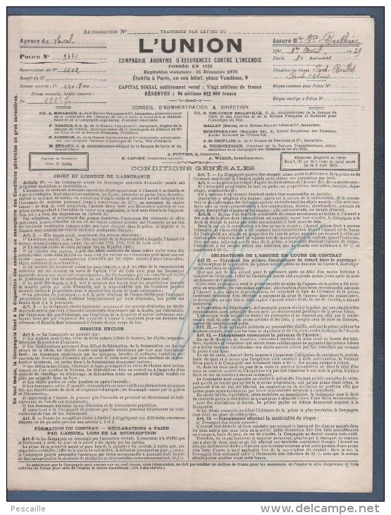 ASSURANCES L'UNION LAVAL - CONTRAT + PLAN PORT BRILLET ROUTE D'OLIVET 53 MAYENNE - 1929 - - Manuscrits