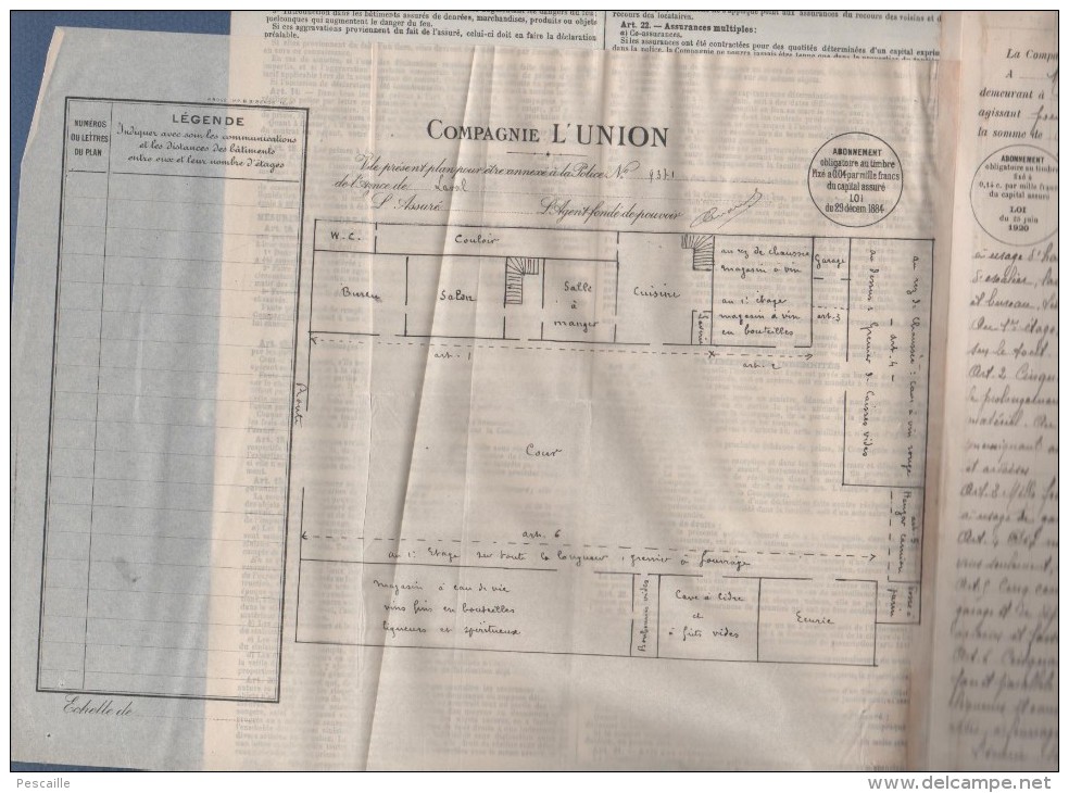 ASSURANCES L'UNION LAVAL - CONTRAT + PLAN PORT BRILLET ROUTE D'OLIVET 53 MAYENNE - 1929 - - Manuscrits