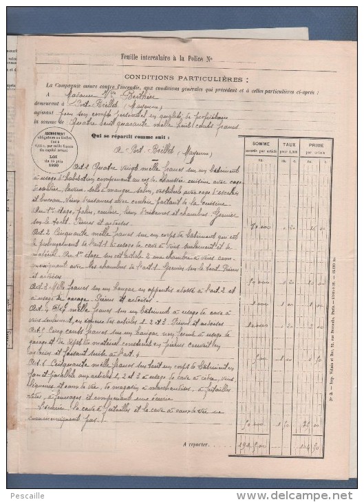 ASSURANCES L'UNION LAVAL - CONTRAT + PLAN PORT BRILLET ROUTE D'OLIVET 53 MAYENNE - 1929 - - Manuscrits