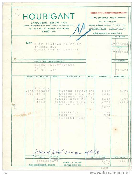 FACTURE LETTRE : PARIS . HOUBIGANT . PARFUMEUR . 1956 . - 1900 – 1949