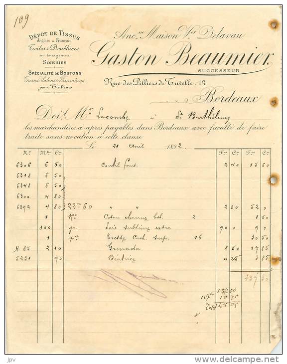 FACTURE LETTRE : BORDEAUX . GASTON BEAUMIER . DEPOT DE TISSUS . 1892 . - 1800 – 1899