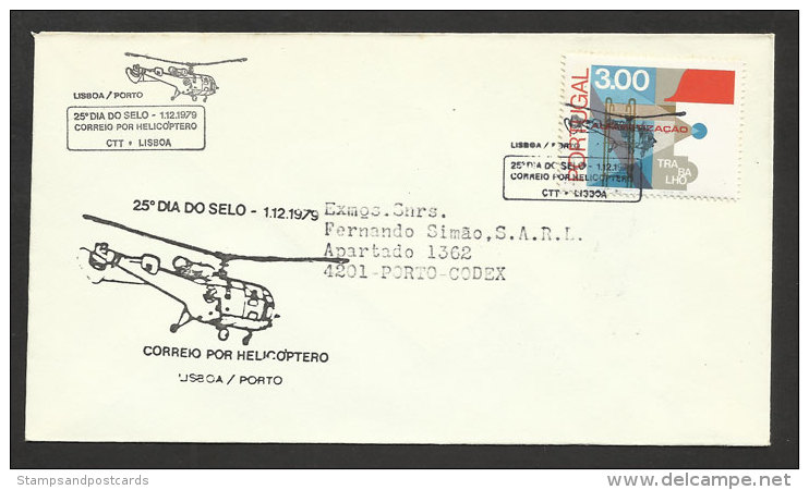 Portugal Poste Par Hélicoptère Vol Lisbonne Porto Journée Du Timbre 1979 Helicopter Mailed Cover Lisbon Oporto Stamp Day - Lettres & Documents