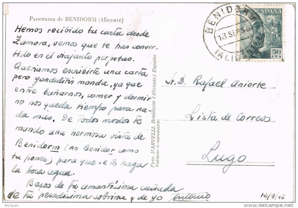 9610. Postal BENIDORM (alicante) 1956 - Briefe U. Dokumente