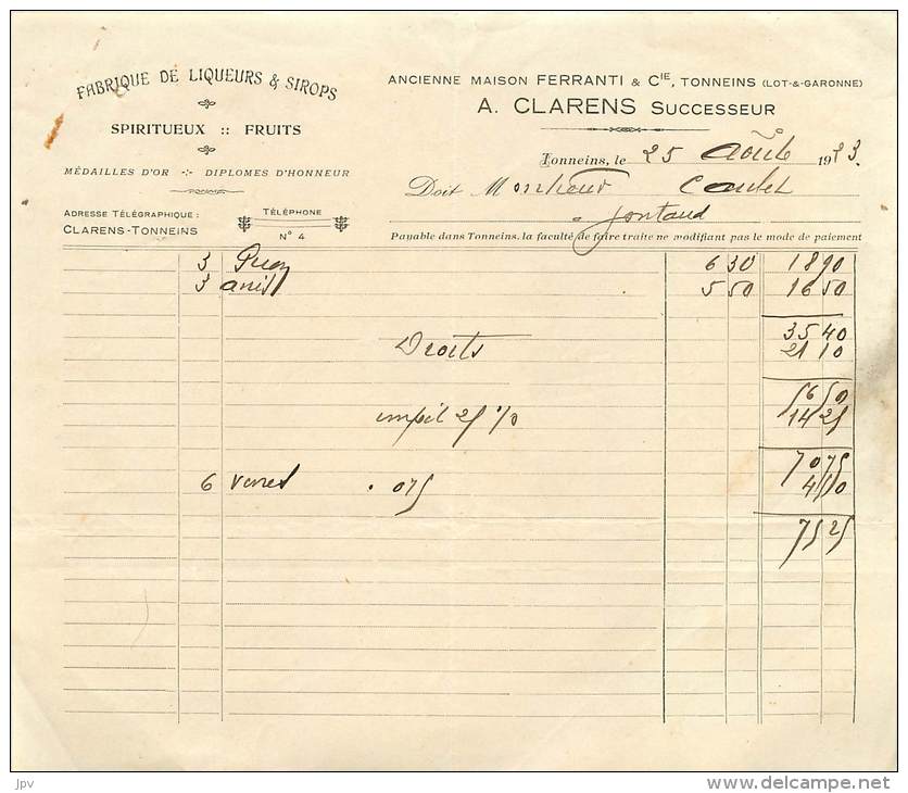 FACTURE LETTRE : TONNEINS . A. CLARENS SUCCESSEURS . FABRIQUE DE LIQUEURS ET SIROPS . 1923 - 1900 – 1949