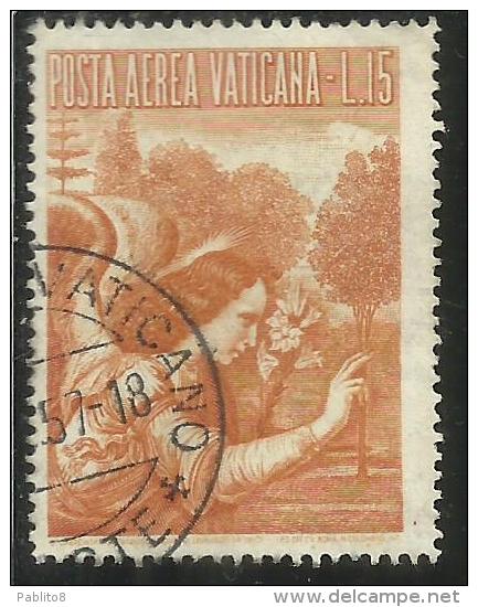VATICANO VATIKAN VATICAN  1956 AEREA ARCANGELO GABRIELE GABRIEL ARCHANGEL LIRE 15 USATO USED - Poste Aérienne