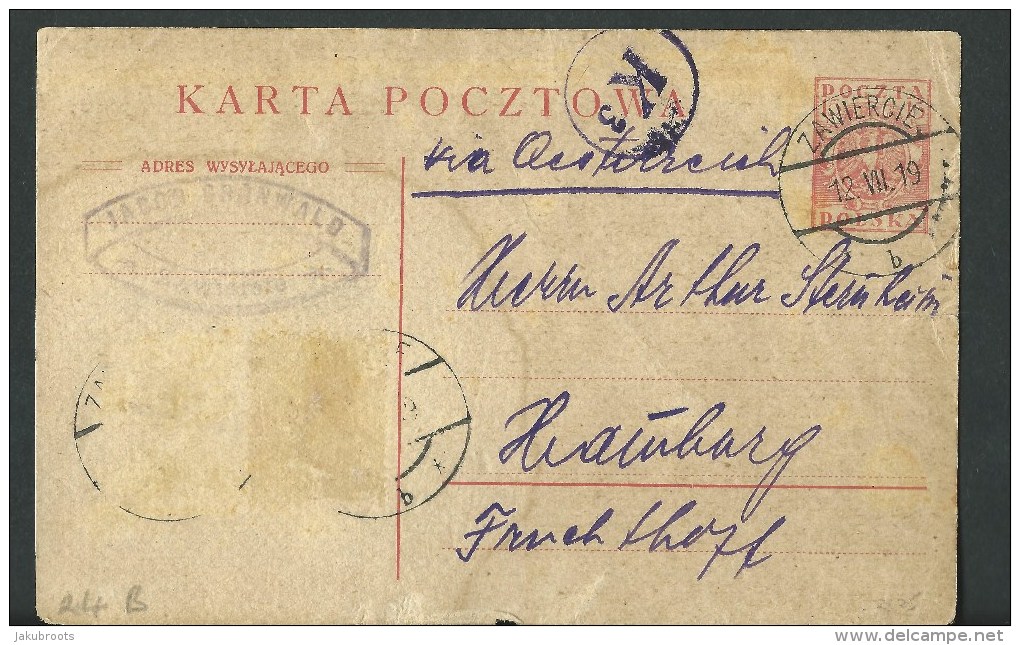 1919. STATIONARY CARD WITH IMPRINTED 15 F. STAMP. ZAWIERCIE  TO  FRANKFURT - Altri & Non Classificati