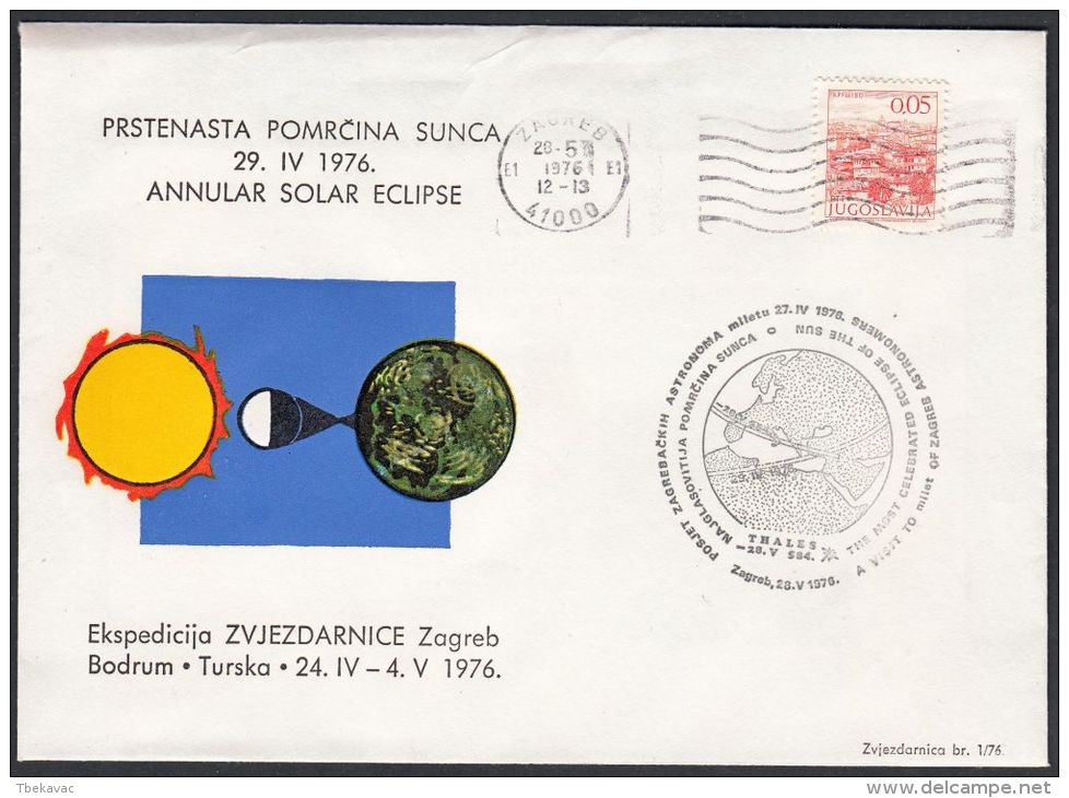 Yugoslavia 1976, Illustrated Cover "Annular Solar Eclipse" W./postmark "Zagreb", Ref.bbzg - Sterrenkunde