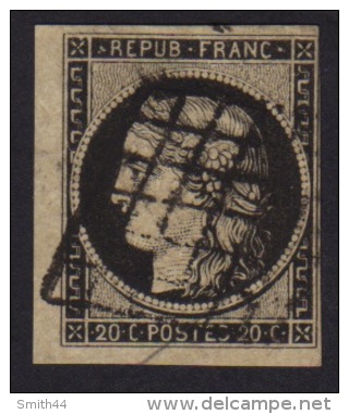 N° 3 - Ceres 20c Noir - Oblitéré Grille - Petit Bd De Feuille - 1849-1850 Ceres