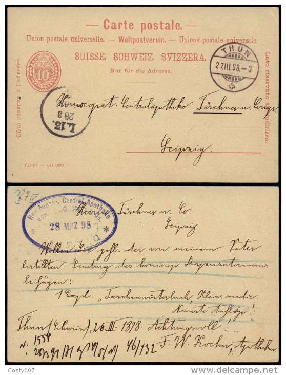 Switzerland 1898 Postal History Rare Old Postcard Postal Stationery Thun To Leipzig Germany D.531 - Storia Postale