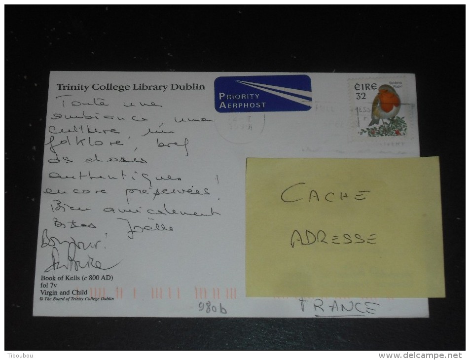 LETTRE IRLANDE IRELAND EIRE AVEC YT 980b - OISEAU BIRD ROUGE GORGE - CPM TRINITY COLLEGE LIBRARY DUBLIN - VIERGE - Cartas & Documentos