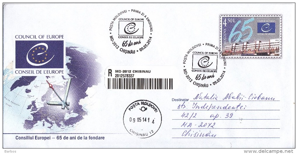 Moldova  ;  Moldau  ; Moldavie  ; 2014  ; 65 Years Of Creation Of The Council Of Europe ; Map ; Pre-paid Envelope ; FDC - Moldova