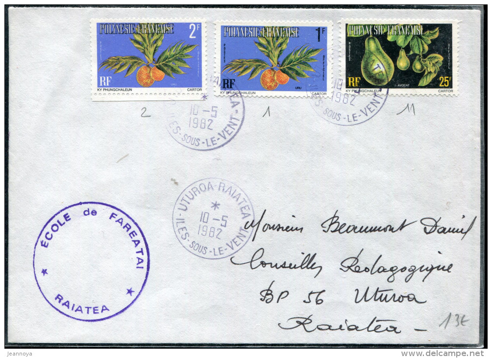 POLYNÉSIE - SERVICE - N° 1A + 2A + 11A / LETTRE D'UTUROA - RAIATEA LE 10/5/1982, POUR UTUROA - TB - Dienstzegels