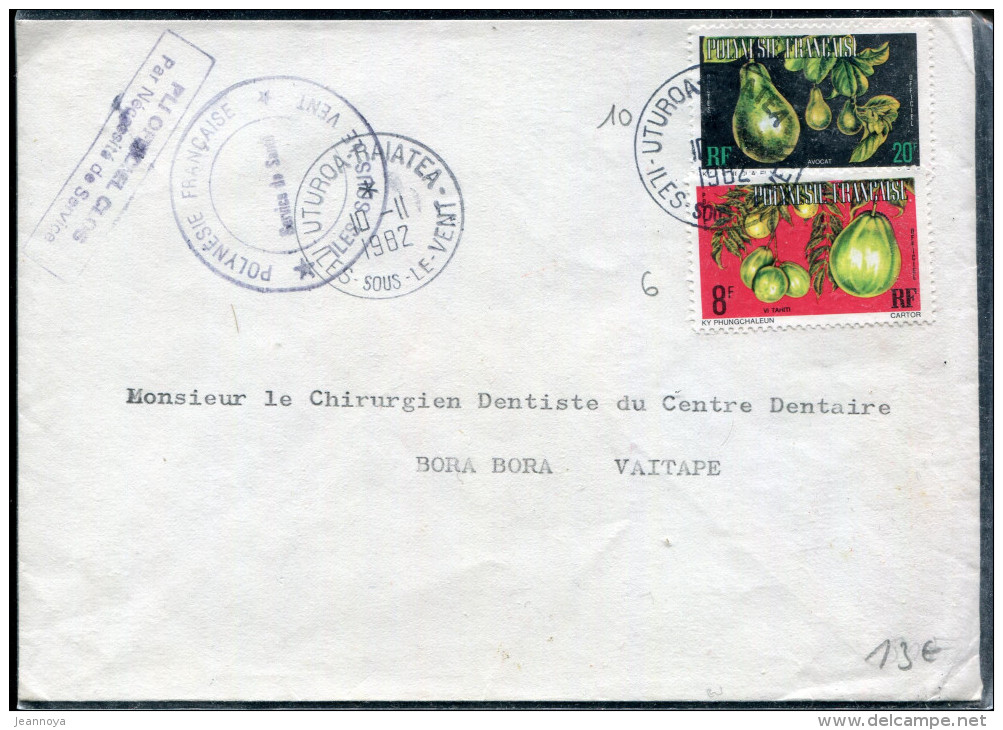 POLYNÉSIE - SERVICE - N° 6A + 10A / LETTRE D´UTUROA - RAIATEA LE 10/11/1982, POUR BORA BORA - TB - Dienstmarken