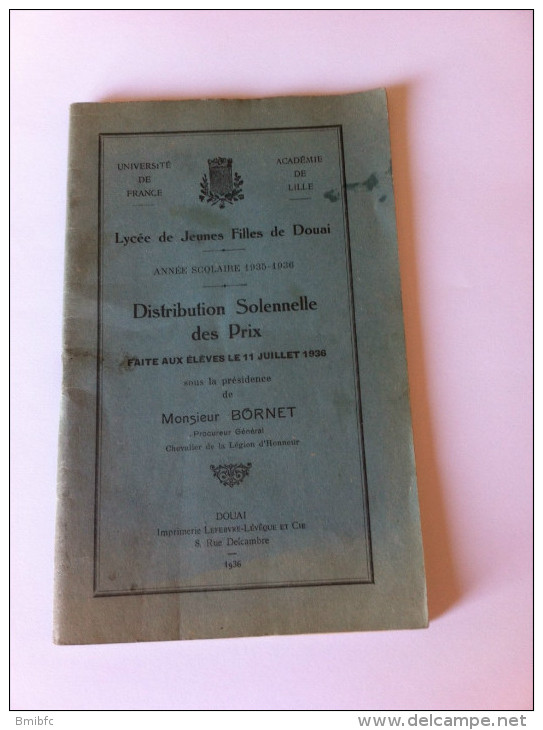 Douai - 1936 Lycée De Jeunes Filles Année Scolaire 1935-1936 Distribution Solennelle Des Prix - Diploma's En Schoolrapporten