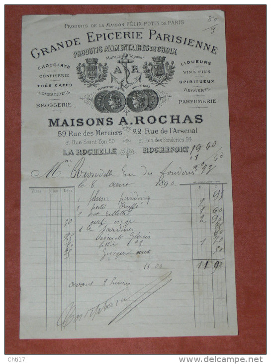 LA ROCHELLE  ROCHEFORT  FACTURE  1890  METIER  EPICERIE 59 RUE DES MERCIERS / 22 RUE DE L ARSENAL - Alimentaire