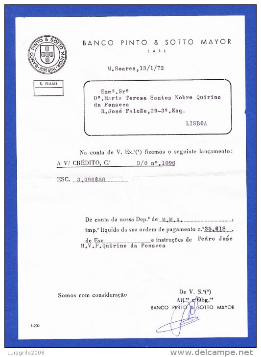 BANCO PINTO & SOTTO MAYOR,  PORTUGAL - LANÇAMENTO A CRÉDITO - 13.1.72 - Portogallo