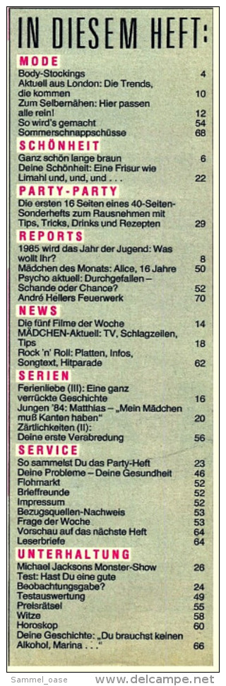 Mädchen Zeitschrift Nr. 35 / 1984 Mit : Die Trends, Die Kommen  -  Michael Jackson`s Monster-Show - Kinder- & Jugendzeitschriften