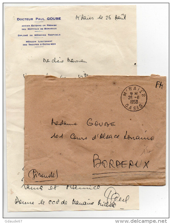 1958 - ENVELOPPE FM De M'RAIER (OASIS) - AU DOS CACHET "1e COMPAGNIE SAHARIENNE PORTEE AFRICAINE" - LETTRE D'UN MEDECIN - Cartas & Documentos