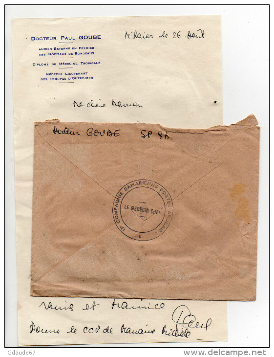 1958 - ENVELOPPE FM De M'RAIER (OASIS) - AU DOS CACHET "1e COMPAGNIE SAHARIENNE PORTEE AFRICAINE" - LETTRE D'UN MEDECIN - Covers & Documents