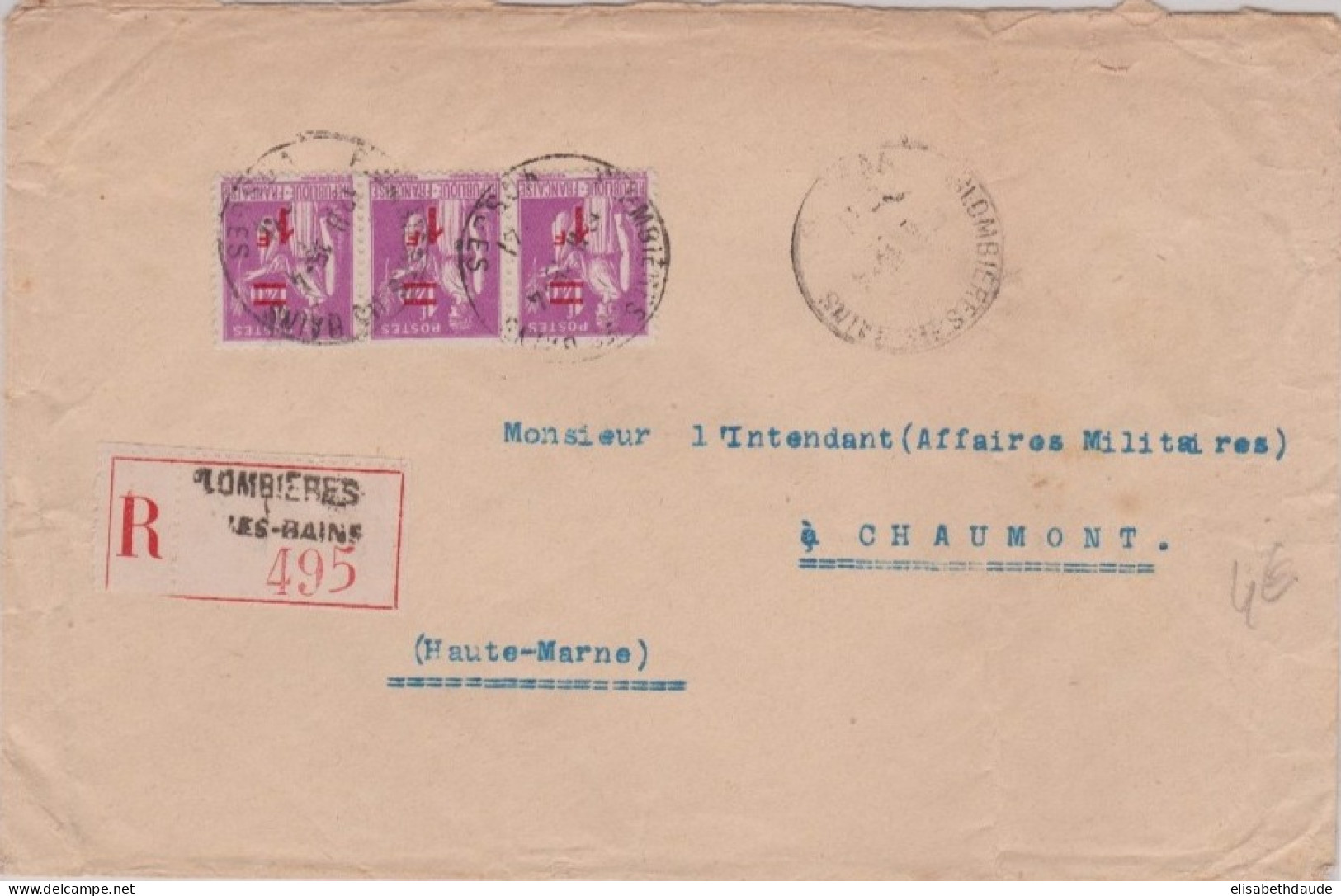 1941 - PAIX SURCHARGES - ENVELOPPE RECOMMANDÉE De PLOMBIÈRES LES BAINS (VOSGES) - 1932-39 Peace