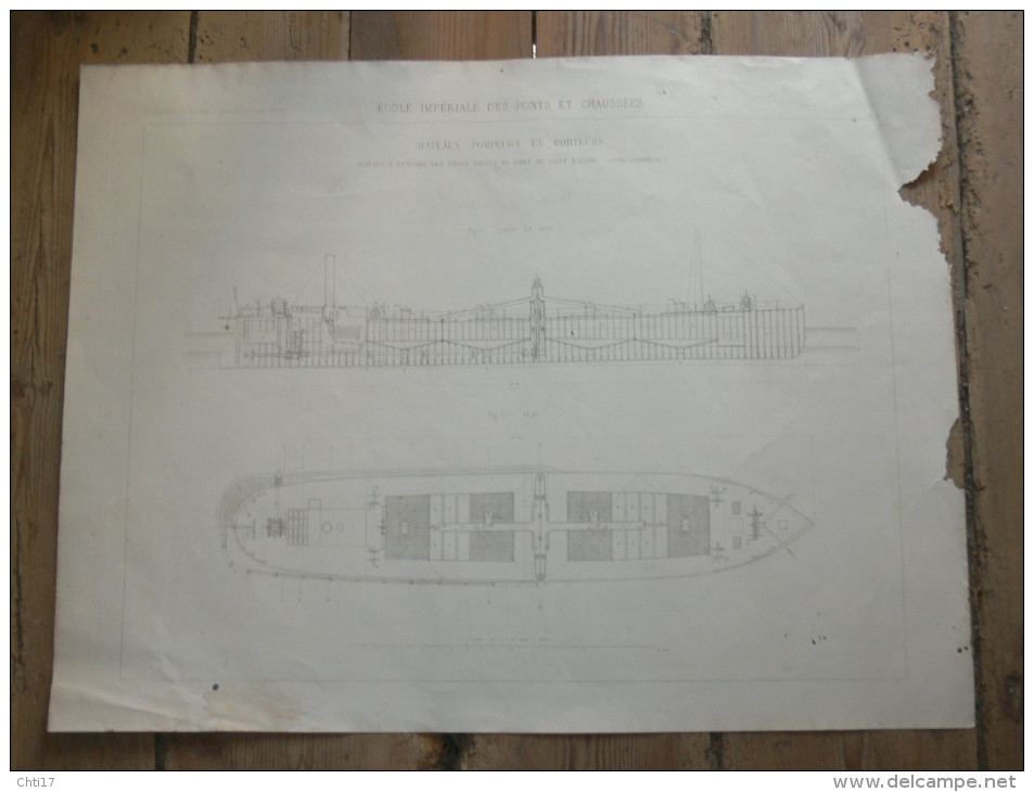 SAINT NAZAIRE  LA DRAGUE  BATEAU POMPEUR ET PORTEUR   1875 METIER ARCHITECTE DESSIN ECOLE IMPERIALE PONTS ET CHAUSSEES - Architecture