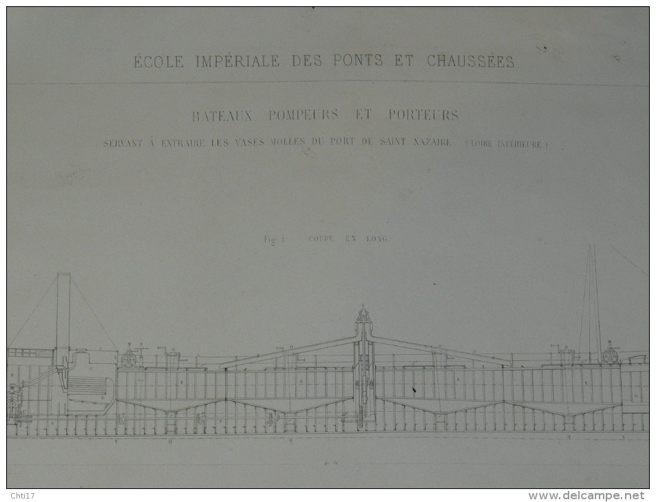 SAINT NAZAIRE  LA DRAGUE  BATEAU POMPEUR ET PORTEUR   1875 METIER ARCHITECTE DESSIN ECOLE IMPERIALE PONTS ET CHAUSSEES