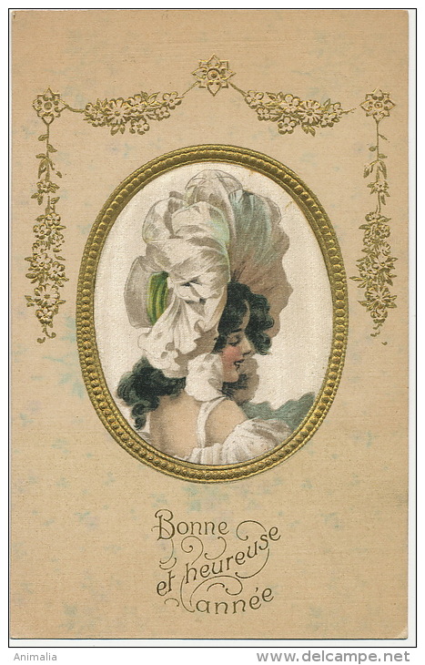 Art Nouveau Tres Belle Femme Gaufrée Dorée Peinte Sur Soie - Sonstige & Ohne Zuordnung