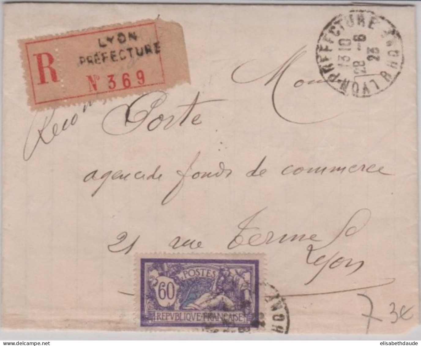 MERSON SEUL Sur ENVELOPPE RECOMMANDÉE De LYON - 1923 - RHONE - 1900-27 Merson