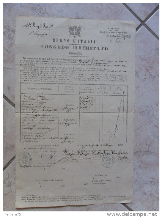 REGNO D'ITALIA CONGEDO ILLIMITATO 1862 18°REGG.FANTERIA 8°COMPAGNIA - Documentos Históricos