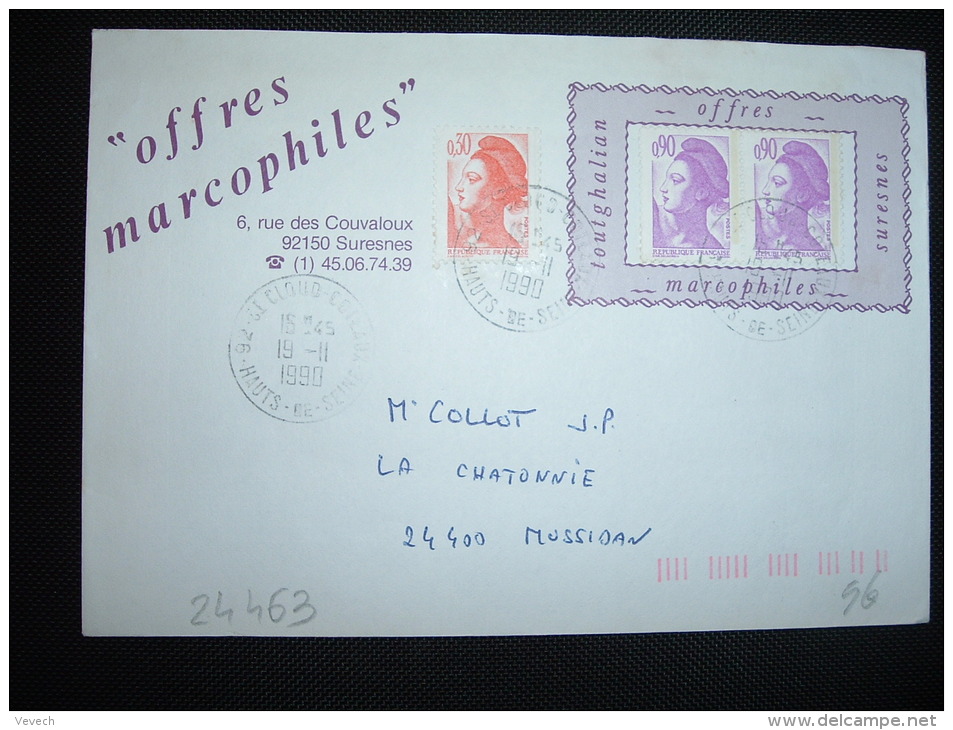 LETTRE PORTE-TIMBRE TOUTGHALIAN TP LIBERTE DE GANDON 0,90F X2 + 0,30F OBL. 19-11-1990 ST CLOUD COTEAUX (92) - 1982-1990 Liberty Of Gandon