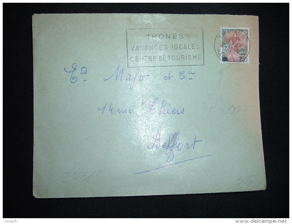 LETTRE TP MARIANNE A LA NEF 25F OBL.MEC. VARIETE 12-10-1959 THONES (70 HAUTE-SAONE) - 1959-1960 Marianna Alla Nef