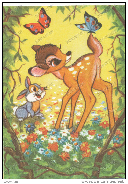 BAMBI, Rabbit And Butterflies -  Lapin Et Papillons,, Old Postcard - Disneyland