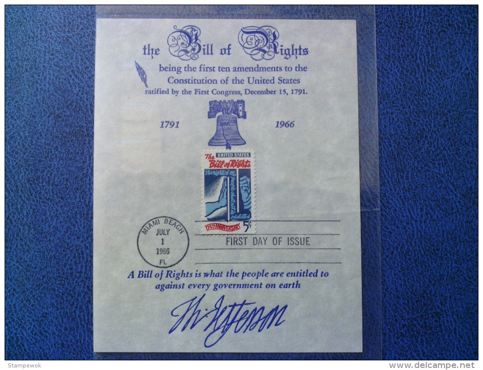 1966 USA Souvenir Leaf FDC Scott # 1312 Bill Of Rights - 1961-1970