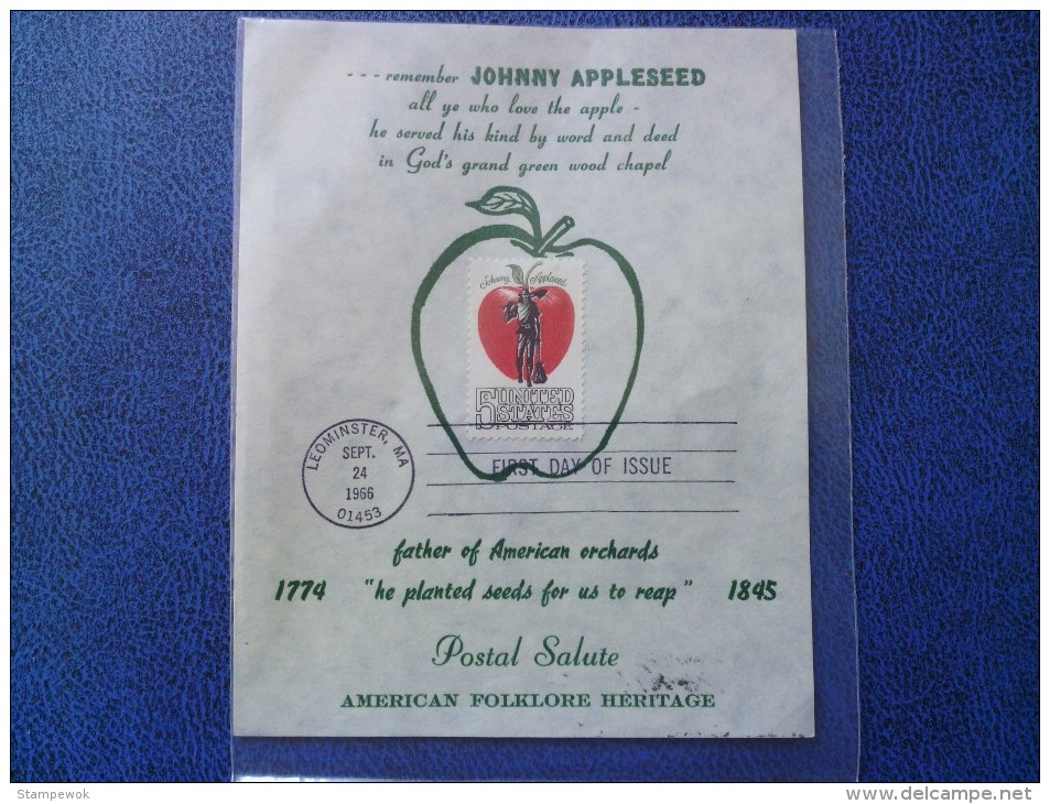 1966 USA Souvenir Leaf FDC Scott # 1317 Johnny Appleseed - 1961-1970