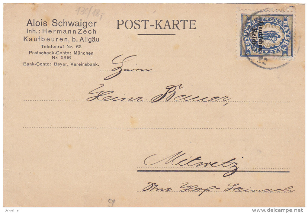 INFLA DR 130 EF Auf Postkarte Der Fa. Alois Schwaiger, Mit Stempel: Kaufbeuren 2.MAI 1922 - Sonstige & Ohne Zuordnung