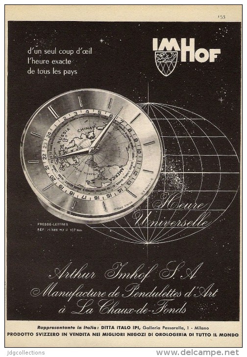 # ARTHUR IMHOF SA - LA CHAUX-DE-FONDS SUISSE 1950s Italy Advert Publicitè Reklame Orologio Montre Uhr Reloj Relojo Watch - Reclamehorloges
