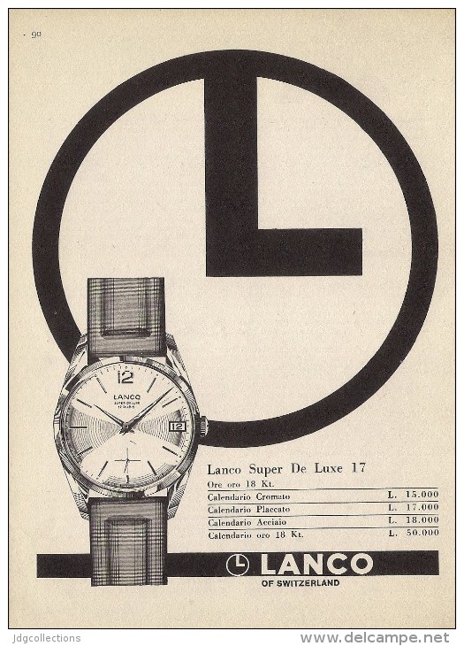 # LANCO LANGENDORF WATCH COMPANY SUISSE 1950s Italy Advert Publicitè Reklame Orologio Montre Uhr Reloj Relojo Watch - Montres Publicitaires
