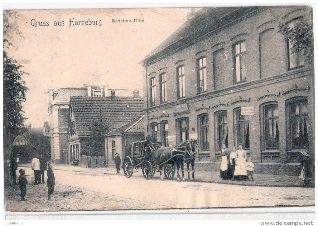 Gruss Aus HORNEBURG Kr Stade Bahnhof Hotel Belebt Pferde Kutsche 5.4.1906 Gelaufen - Stade