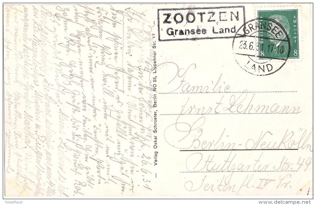 ZOOTZEN Fürstenwalde Ablage Moorbad Junge Badegäste Landpost Gransee Land 23.6.1931 Gelaufen - Gransee