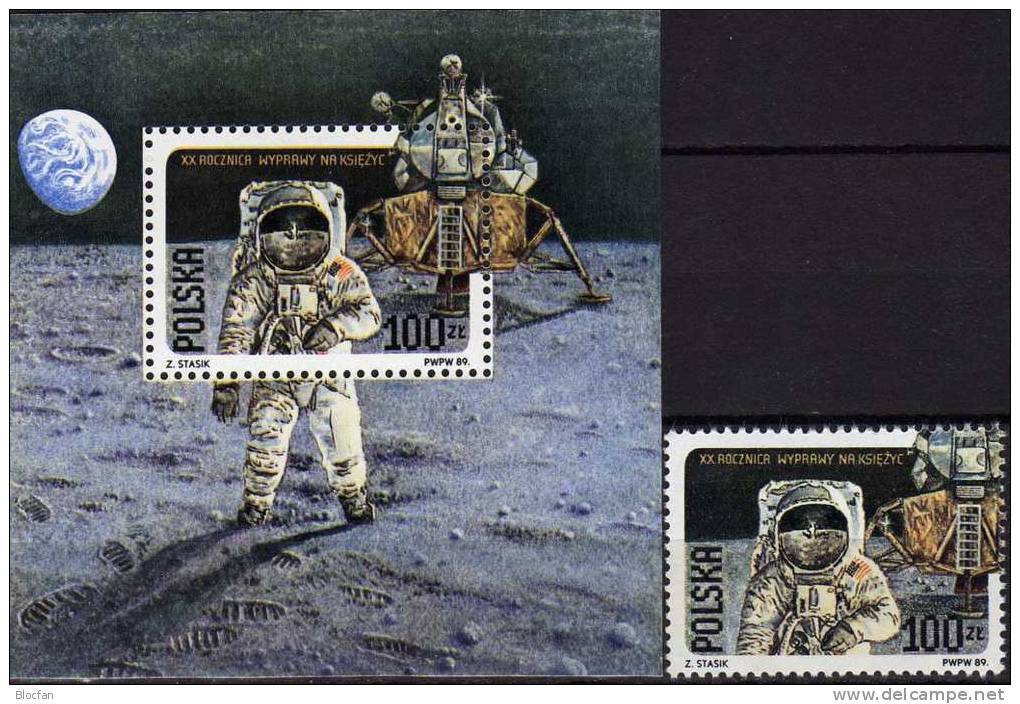 20 Jahre Mondlandung Durch Apollo 11 Der NASA 1989 Polen 3206 II Plus Block 109 ** 6€ US-Raumfahrt Space Sheet Bf Polska - Blocks & Sheetlets & Panes