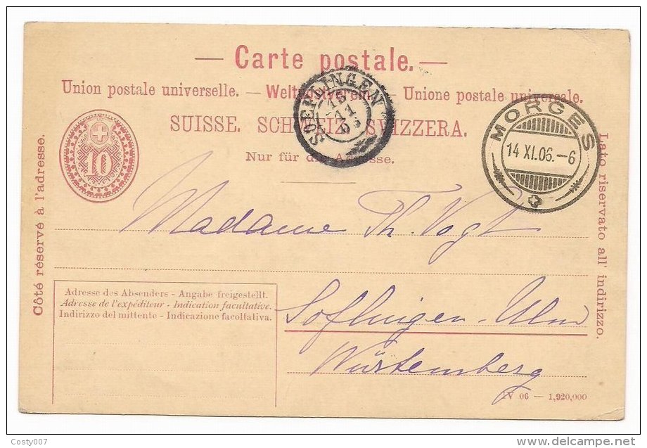 Switzerland 1906 Postal History Rare Old Postcard Postal Stationery Mi.P31 Morges Waadt To Soflingen Ulm D.757 - Lettres & Documents