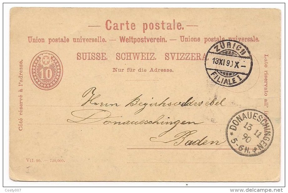 Switzerland 1890 Postal History Rare Old Postcard Postal Stationery Mi.P19 Zurich To Donaueschingen D.758 - Storia Postale