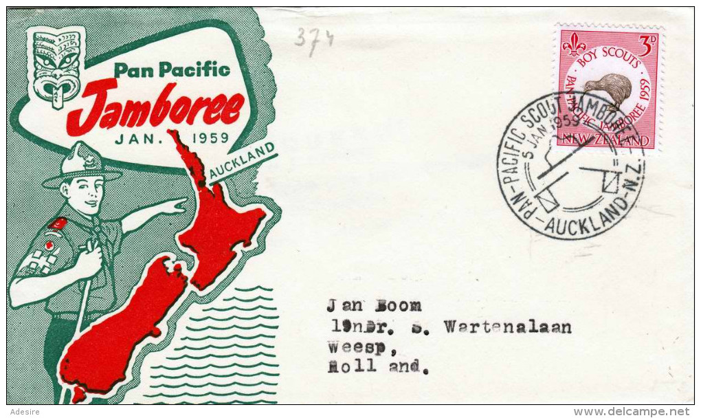 1959 - Neuseeland New Zealand, 3 D Boy Scouts Auf Brief "Pan Pacific Jamboree Jan 1959 Aukland" Gel. Aukland > Weesp ... - Briefe U. Dokumente