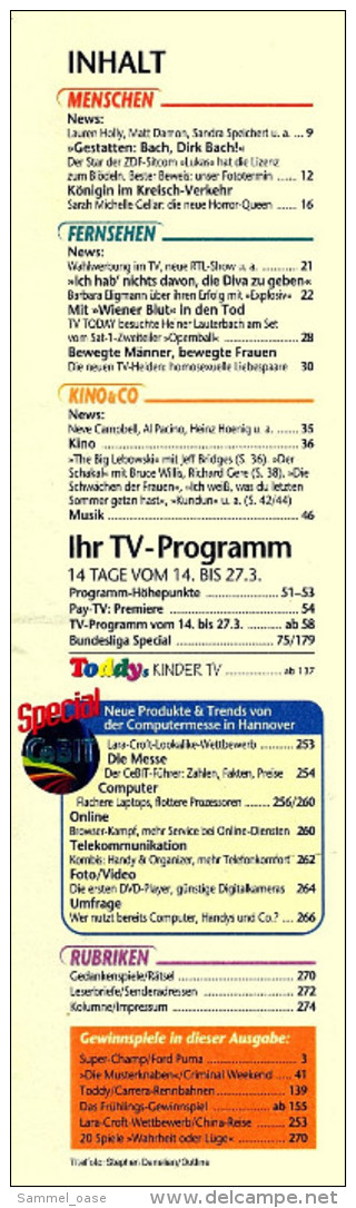 TV  Today  Zeitschrift  -  14.3. 1998  -  Mit : Dirk Bach Porträt  -  Barbara Eligmann Interview - Film & TV